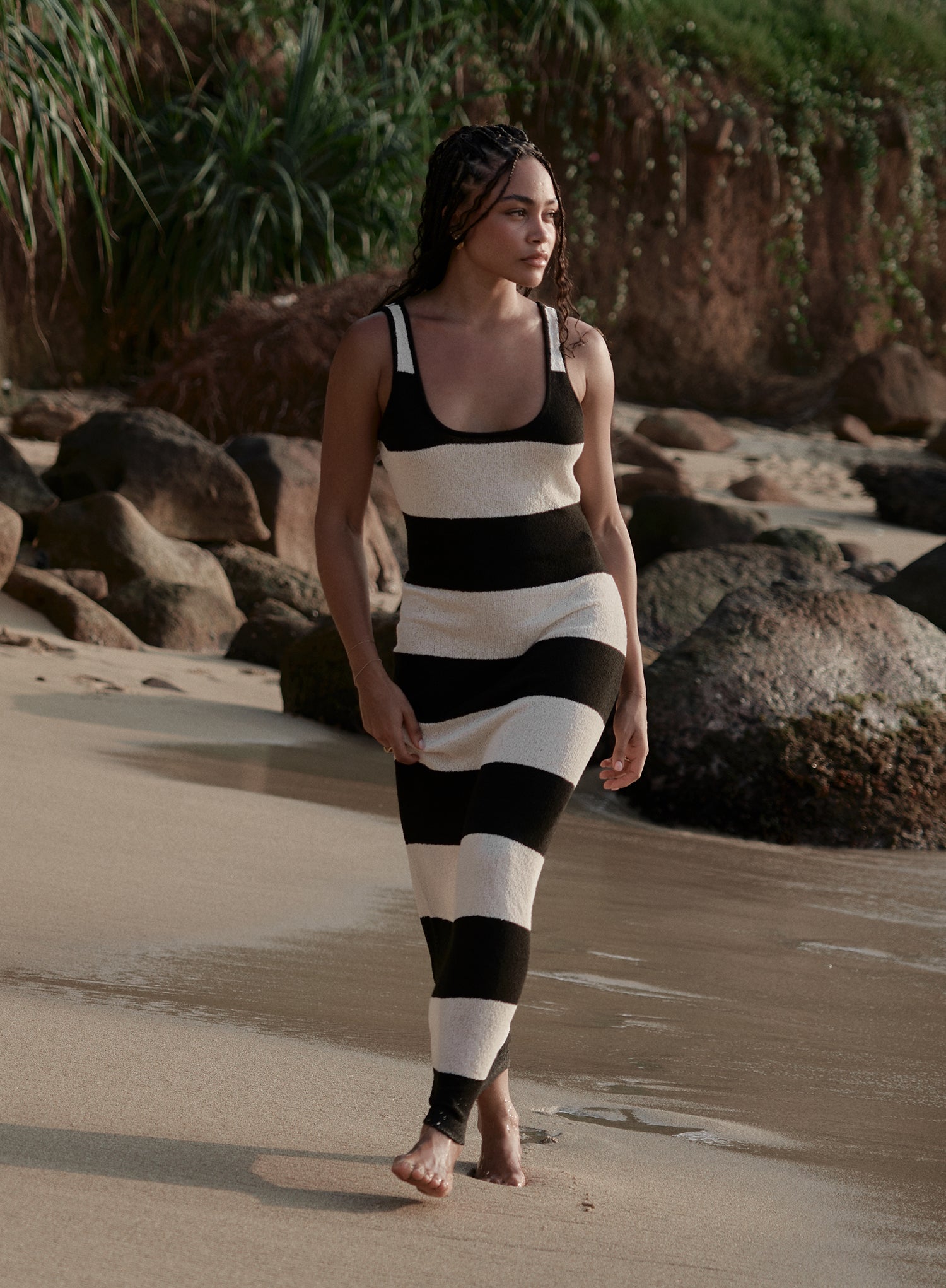 Black And White Striped Knit Maxi Dress